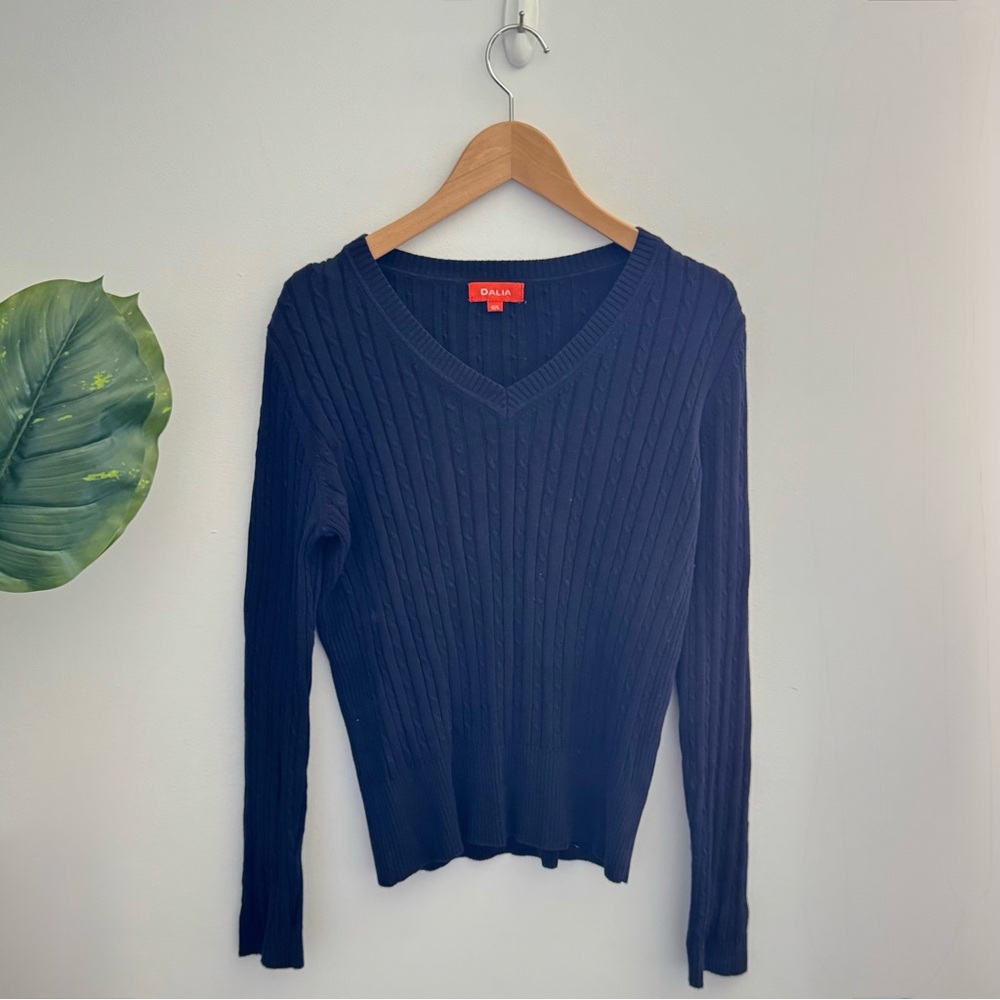 Dalia Navy Blue Ribbed V-Neck Sweater